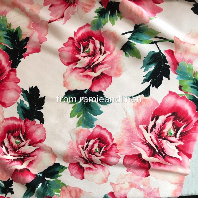 stretchy silk crepe satin half yard by 53 wide vivid peony on pink background silk charmeuse fabric digital print silk fabric