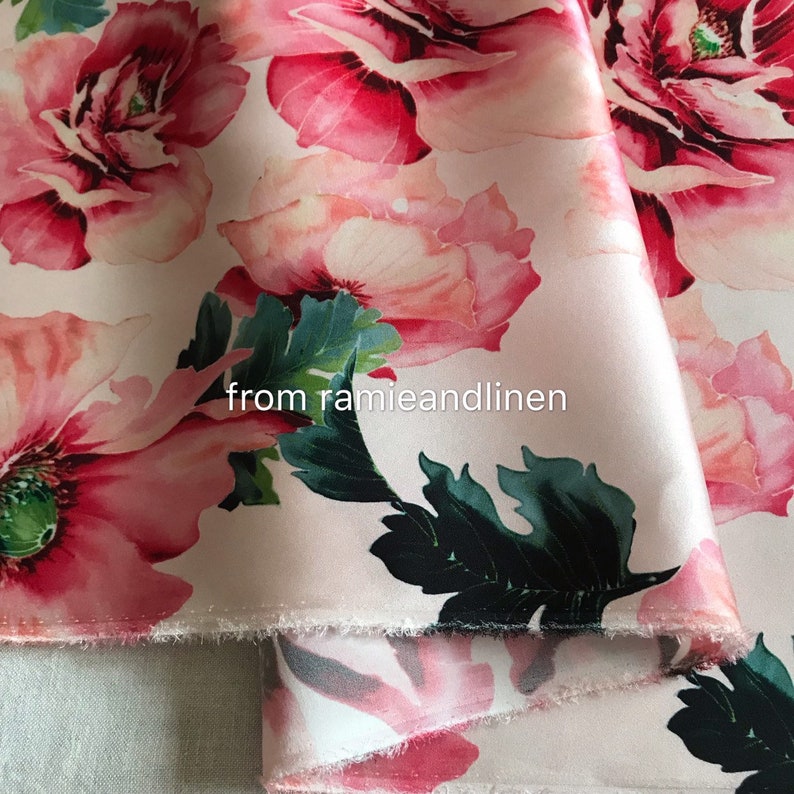 stretchy silk crepe satin half yard by 53 wide vivid peony on pink background silk charmeuse fabric digital print silk fabric