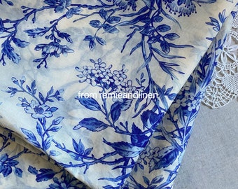 Silk fabric, vintage style blue birds and flowers pattern print, silk cotton blend fabric,  half yard by 54" wide