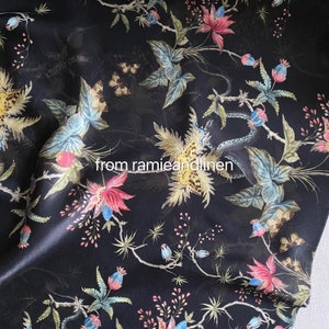silk fabric, silk cotton/viscose blend charmeuse, garden elements print silk fabric, very smooth and soft, drape well, half yard by 53" wide image 1