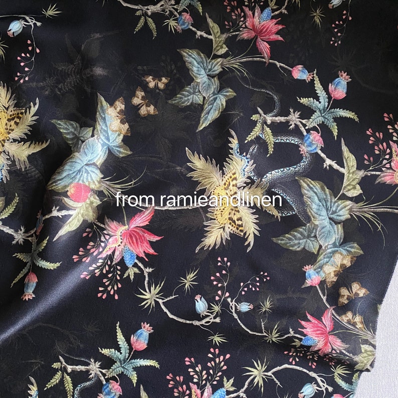 silk fabric, silk cotton/viscose blend charmeuse, garden elements print silk fabric, very smooth and soft, drape well, half yard by 53" wide image 1