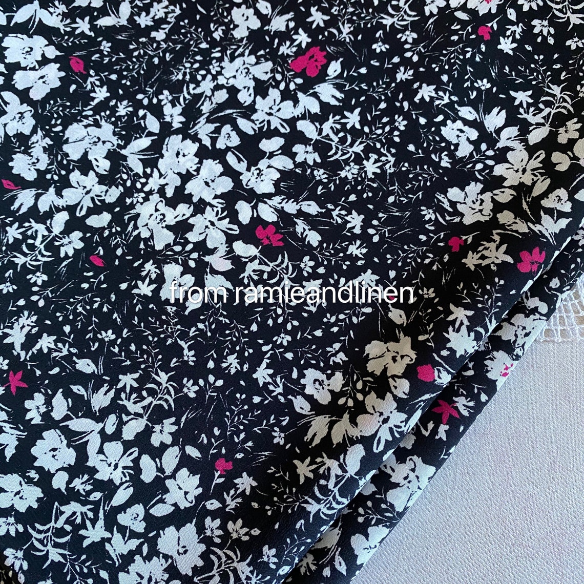 Silk fabric vintage style white and pink flowers on black | Etsy