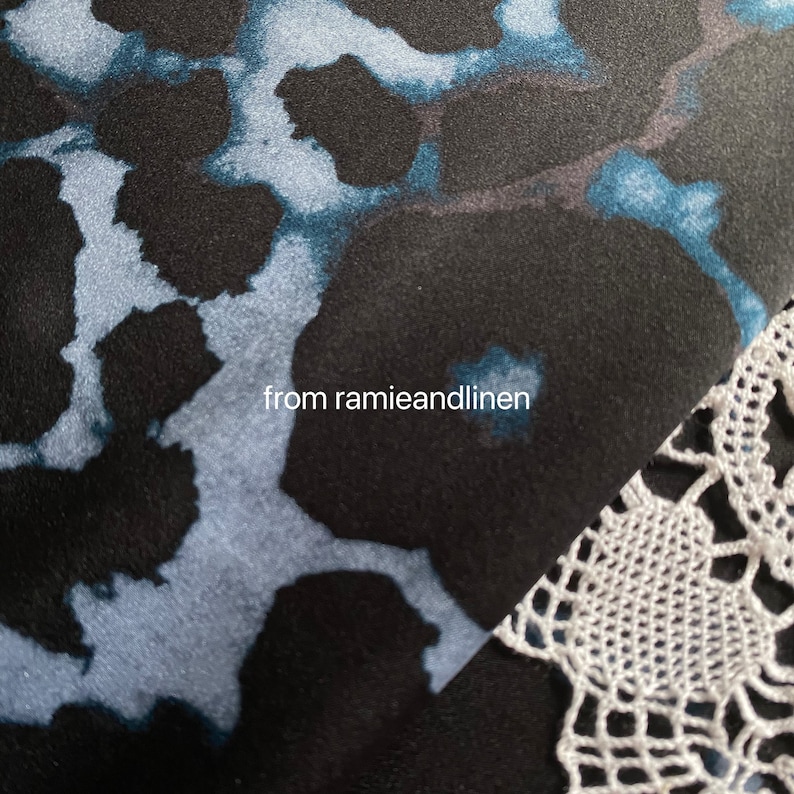 silk fabric, STRETCH Silk Charmeuse Fabric, 30m/m heavy mulberry silk, black grey jaguar spots on blue, half yard by 42" wide image 5