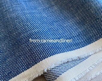 May include: Close-up of a blue and white striped fabric with a raw edge. The fabric has a textured weave and a subtle sheen. The text "from ramieandlinen" is visible in the lower right corner of the image.