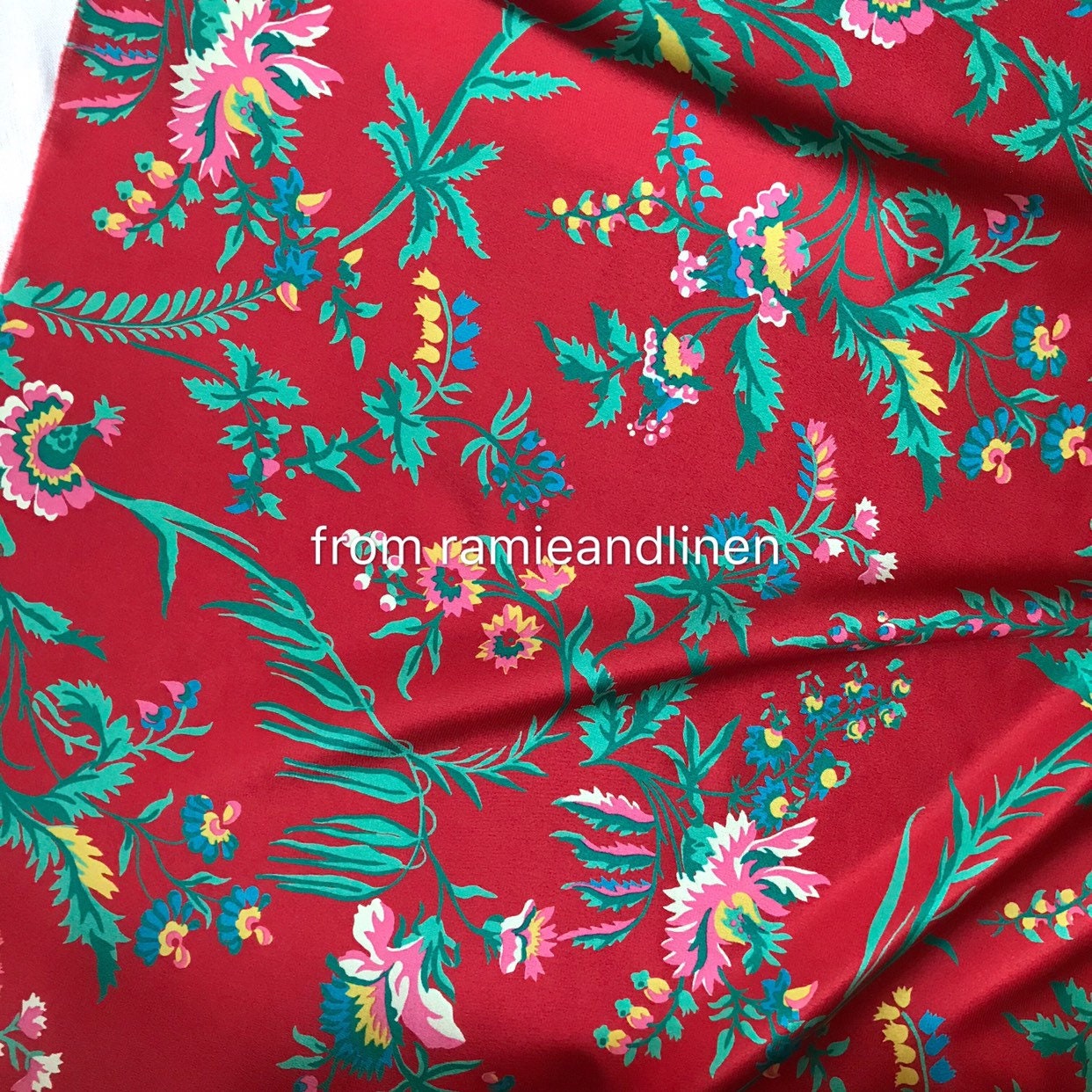 Silk Fabric Green Leaves and Floral on Red Background Silk Etsy