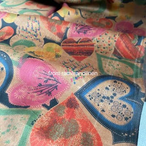 silk fabric, HALF YARD by 45&quot; wide, colorful hearts pattern print, light weight silk satin gambiered Canton silk, mud silk