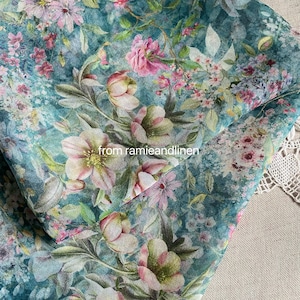 silk fabric, digital print, pink flowers on green blue print, silk georgette fabric, half yard by 54&quot; wide