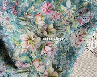 silk fabric, digital print, pink flowers on green blue print, silk georgette fabric, half yard by 54" wide