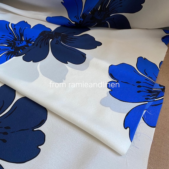 Silk Fabric, Big Blue Flowers Print, Silk Crepe De Chine
