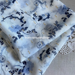 silk fabric, HARD YARD by 55&quot; wide, vintage style pattern China blue print, golden yarn clipped silk georgette fabric