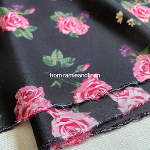 Silk fabric, digital print, pink roses print, silk crepe de chine fabric, half yard by 53&quot; wide