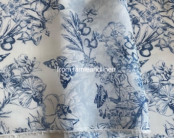 silk fabric, HALF YARD by 54" wide, digital print, line drawing butterflies in flowers print, silk cotton blend chiffon fabric