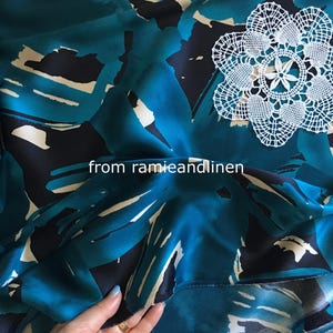 silk fabric, 20m/m black and Ocean blue/Teal Blue print, STRETCH Silk Charmeuse Fabric, half yard by 42" wide