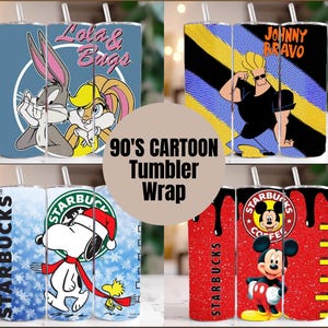 90er Jahre Tumbler Wrap Bundle, sofortiger Download 20 Unzen Tumbler PNG Wraps Design, digitale 90 s Cartoon 20 oz Skinny Tumbler Designs Vorlage