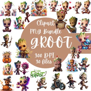 Könnte beinhalten: Ein digitales Clipart-PNG-Bundle mit verschiedenen Groot-Charakterdesigns. Die Bilder zeigen Groot in verschiedenen Posen und Umgebungen mit leuchtenden Farben und Details. Der Text "Clipart PNG Bundle Groot 300 DPI 30 Dateien" ist ebenfalls enthalten.