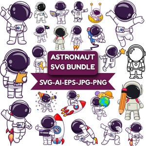 Op de afbeelding: Een verzameling cartoon astronaut illustraties in verschillende poses, waaronder het vasthouden van een potlood, ster en raket. De afbeelding bevat de tekst "ASTRONAUT SVG BUNDLE" en bestandsinfo.