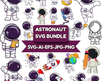 Cartoon Astronaut SVG PNG Bundle, Space Rocket Clipart (Digital Download)