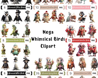Whimsical Bird Clipart Bundle, Quirky Kawaii PNG Illustrations (Digital Download)