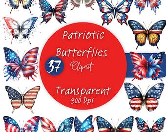 Imágenes prediseñadas de mariposas con la bandera de EE. UU., diseño patriótico del 4 de julio, alas rojas, blancas y azules para sublimación PNG