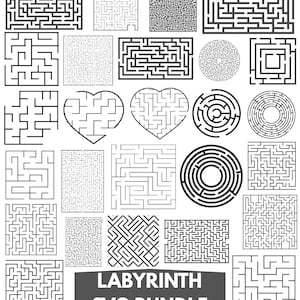 May include: A collection of black and white mazes in various shapes and sizes, including rectangular, circular, and heart-shaped designs. The image includes the text "LABYRINTH SVG BUNDLE" in a dark gray banner at the bottom, perfect for puzzles and crafts.