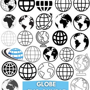 Puede incluir: Una colección de diseños de globos terráqueos en blanco y negro, que incluyen mapas del mundo detallados, contornos simples y representaciones estilizadas. La imagen incluye el texto "GLOBE SVG BUNDLE" en un rectángulo azul.