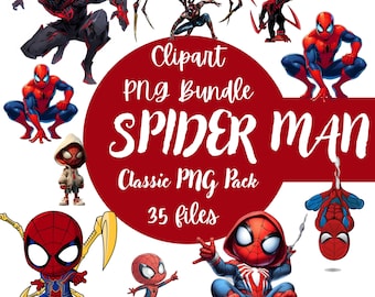 May include: A digital clipart bundle featuring Spider-Man in diverse poses and styles. The images showcase classic Spider-Man, Miles Morales, and chibi designs. The image includes the text: "Clipart PNG Bundle SPIDER MAN Classic PNG Pack 35 files."