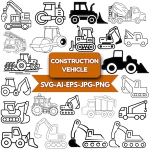 Puede incluir: Colección de ilustraciones en blanco y negro de vehículos de construcción, incluyendo excavadoras, bulldozers y camiones. La imagen presenta una pancarta central con el texto "CONSTRUCTION VEHICLE" e información del tipo de archivo: SVG-AI-EPS-JPG-PNG.