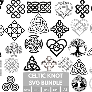 Może przedstawiać: Zbiór czarno-białych wzorów węzłów celtyckich w różnych kształtach, w tym serca, krzyże i spirale. Tekst "Celtic Knot SVG Bundle" jest wyświetlany na dole obrazu.