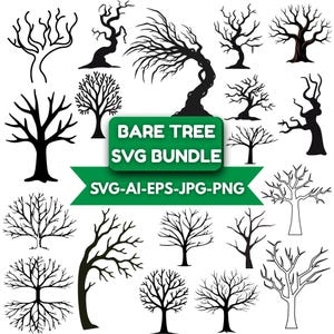May include: A collection of bare tree designs in black, with various shapes and styles. The image includes a green banner with the text "BARE TREE SVG BUNDLE" and file type options.