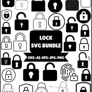 May include: A collection of black and white lock illustrations in various styles, including padlocks, combination locks, and shield designs. The image includes the text "LOCK SVG BUNDLE" and file type information.