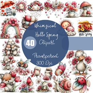 春の楽しいクリップアート｜笑顔の花、動物、開花植物（デジタルダウンロード）