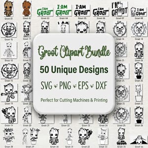 Pode incluir: Uma coleção digital de 50 ilustrações únicas do personagem Groot em preto e branco, apresentada como um pacote de cliparts. O texto central diz Groot Clipart Bundle, 50 Unique Designs, SVG, PNG, EPS, DXF e Perfect for Cutting Machines & Printing.