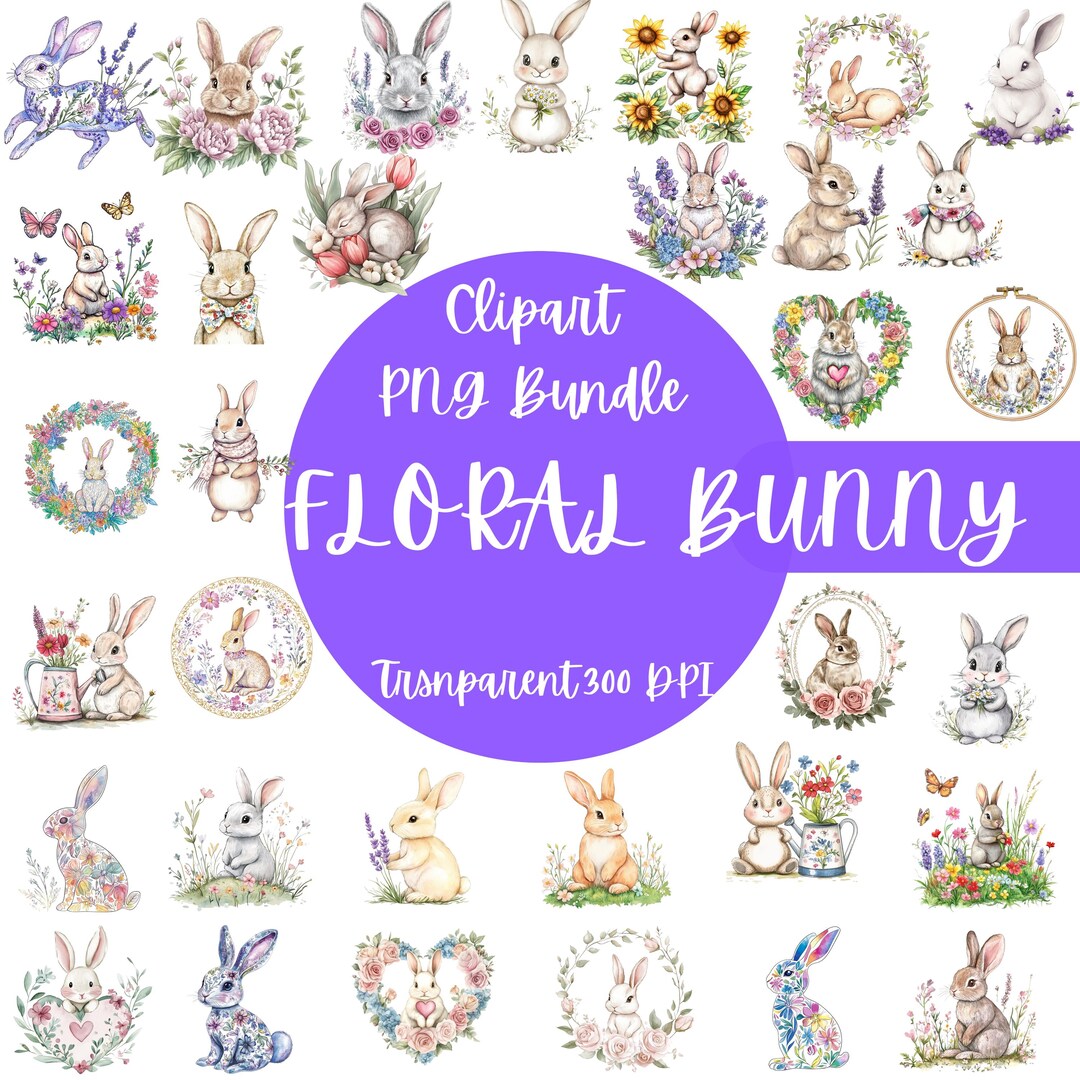 Watercolor Bunny Clipart: Floral Easter Rabbits PNG Bundle (digital ...