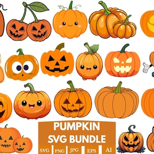 May include: A selection of orange pumpkin illustrations with different carved faces and designs. Some pumpkins have smiling faces, while others have traditional jack-o'-lantern expressions. The image includes the text "PUMPKIN SVG BUNDLE".