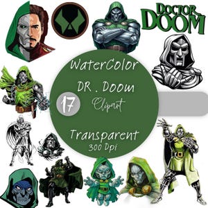 May include: A selection of Dr. Doom clipart images. The images showcase different representations of the character, including full-body illustrations, headshots, and graphic designs. The colour scheme includes green, silver, and black, with the text "Doctor Doom" and "Watercolor DR. Doom Clipart".