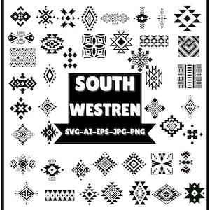 May include: A collection of black and white Southwestern-style geometric patterns. The designs include various shapes like diamonds, triangles, and crosses. The text "SOUTH WESTREN" is displayed prominently, along with file type information.