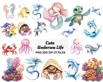 Watercolor Sea Life Clipart Bundle: Ocean Animals PNG (Digital Download