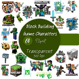 May include: A collection of 60 digital clipart images featuring block building game characters, creatures, and items. The central dark green circle displays the text Block Building Game Characters 60 Clipart Transparent 300 Dpi.
