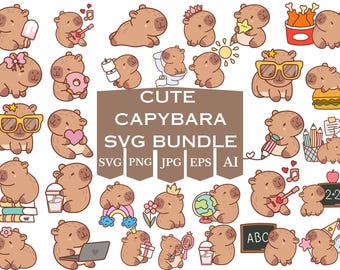 Paquete de imágenes SVG de capibaras kawaii: imágenes prediseñadas de animales, pegatinas digitales (descarga digital)
