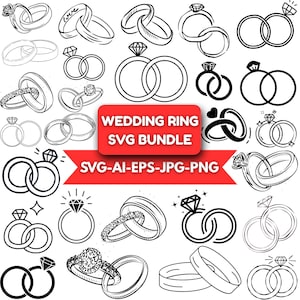 May include: A collection of black and white wedding ring designs. The rings vary in style, including diamond solitaires, bands with intricate detailing, and intertwined designs. A red banner reads "WEDDING RING SVG BUNDLE" with file type information.