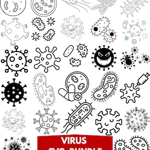 Könnte beinhalten: Ein schwarz-weißes SVG-Bundle mit verschiedenen Illustrationen von Viren und Bakterien. Die Designs umfassen kreisförmige, ovale und stachelige Formen, einige mit detaillierten inneren Strukturen. Der Text "VIRUS SVG BUNDLE" wird auf einem roten Banner angezeigt.