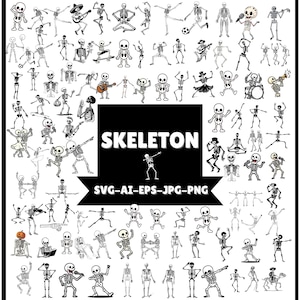 Puede incluir: Una colección de ilustraciones de esqueletos de dibujos animados en varias poses, incluyendo tocar instrumentos, bailar y hacer yoga. La palabra "SKELETON" se muestra en letras blancas grandes sobre un fondo negro.