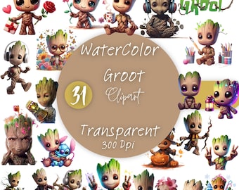 Watercolor Baby Groot PNG Clipart: Nursery Art, T-Shirt Design (Digital Download)