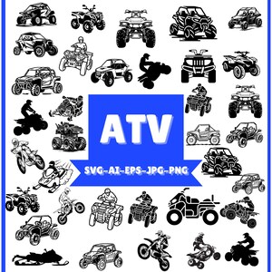Op de afbeelding: Zwart-wit vectorillustraties van verschillende terreinwagens (ATV's), motorfietsen en terreinwagens. Het woord "ATV" wordt in witte letters op een blauwe achtergrond weergegeven, met informatie over het bestandstype eronder.