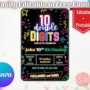Hello Double Digits 10th Birthday Invitation,10th Birthday Invitation,Editable Double Digits 10th Birthday Party Invitation,Instant Download