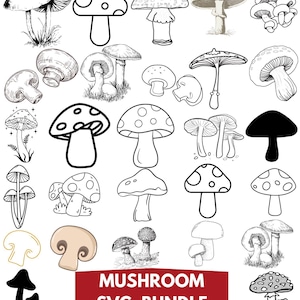 Puede incluir: Una colección de ilustraciones de varios hongos en blanco y negro, con algunos en color. La imagen incluye diferentes tipos de hongos, algunos con sombreros punteados, y el texto "MUSHROOM SVG BUNDLE" en una pancarta roja.