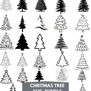 Könnte beinhalten: Eine Sammlung von Weihnachtsbaum-Designs in verschiedenen Stilen, darunter Strichzeichnungen, Silhouetten und detaillierte Illustrationen. Die Bäume variieren in Form und Dekoration, einige mit Sternen und Ornamenten. Der Text "CHRISTMAS TREE SVG BUNDLE" wird auf grauem Hintergrund angezeigt.
