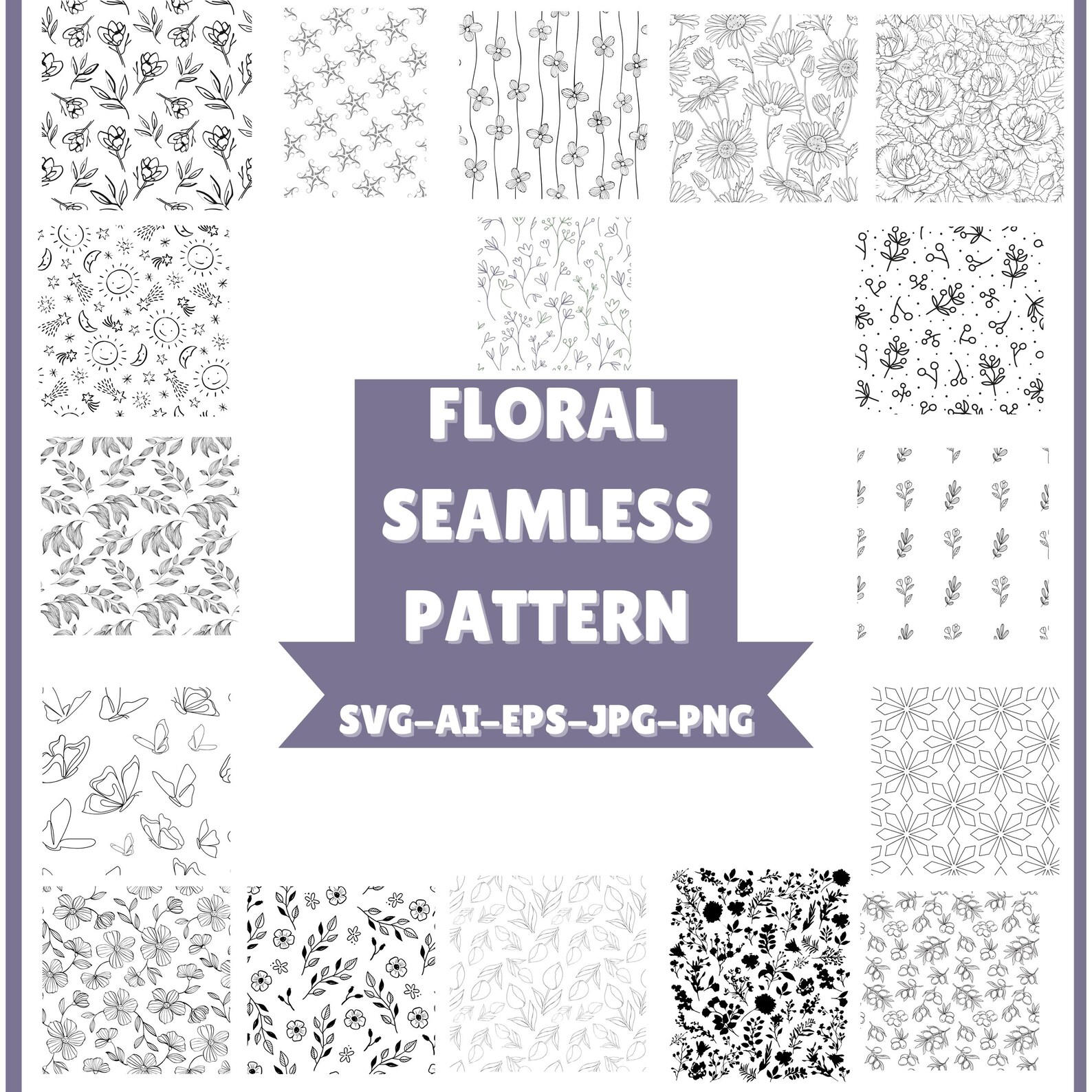 Boho Floral Seamless Pattern SVG Bundle, Vector Files (digital Download ...