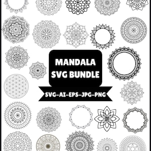 May include: A collection of black and white mandala designs in various styles. The image includes a central black rectangle with the text "MANDALA SVG BUNDLE" and file type information. The designs are suitable for digital art projects.