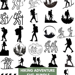 May include: A collection of black and white hiking-themed SVG graphics. The images depict hikers with backpacks, trekking poles, and mountain scenery. The text "HIKING ADVENTURE SVG BUNDLE" is displayed in a green rectangle at the bottom.